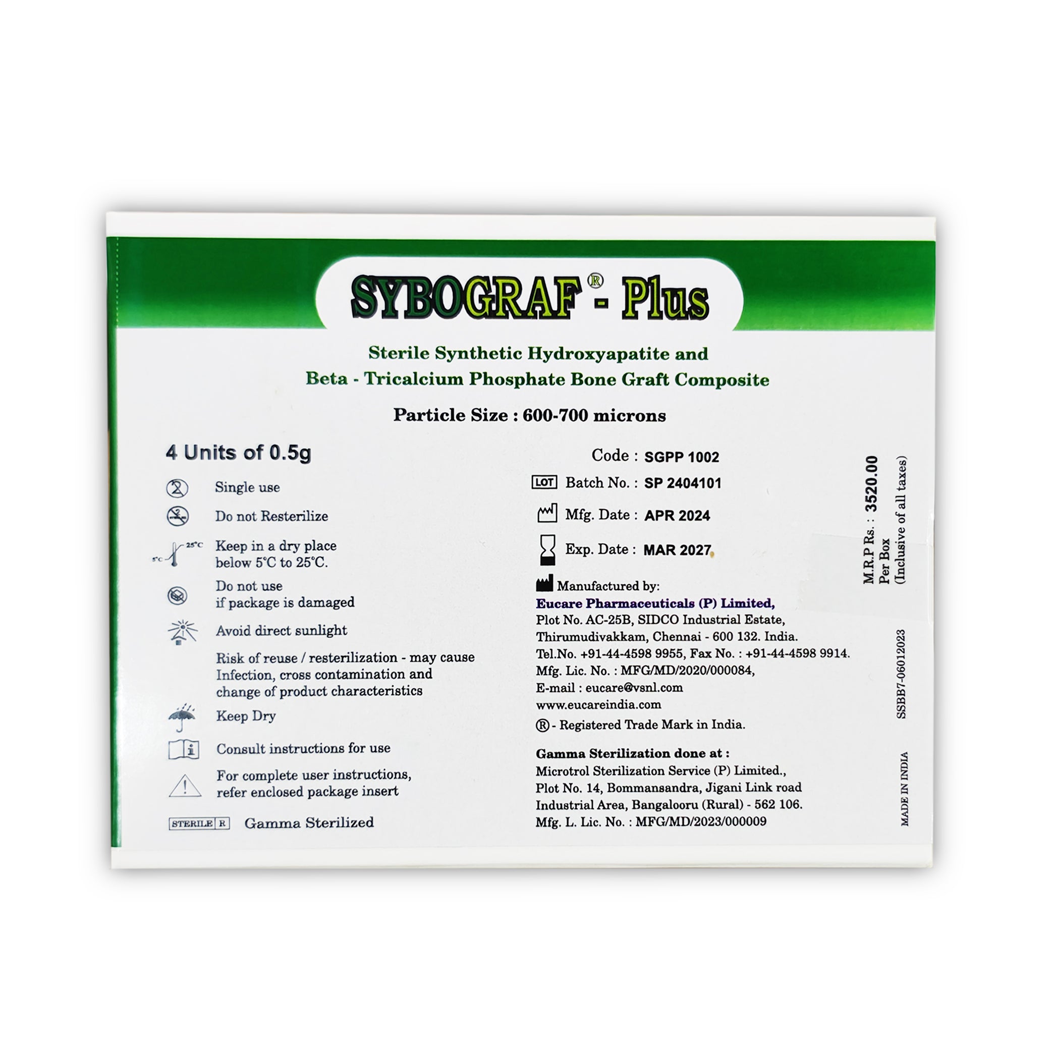 Eucare Sybograf Plus Tricalcium Phosphate Bone Graft Composite 0.5gm Pack of 4