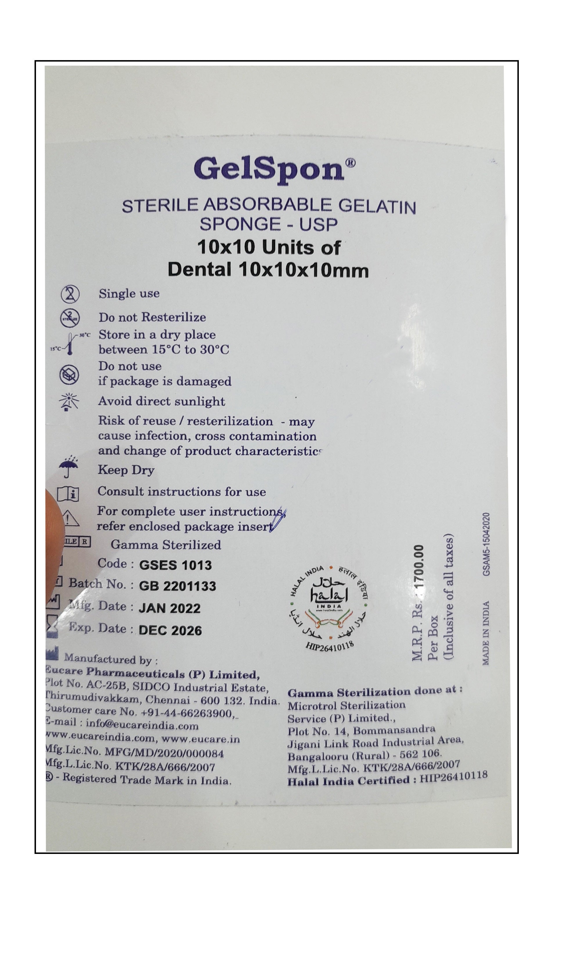 Dental Gelsponge Absorbable Gelatin 10x10x10mm (Pack of 100)